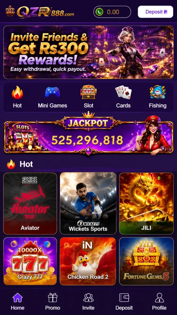QZR888 gaming app home screen with casino games and promotions.