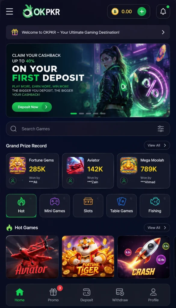 Mobile gaming app home screen with promotions, game categories, featured games, and navigation.