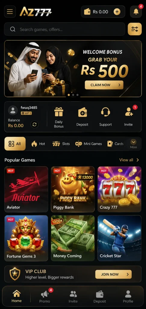Az777 mobile app home screen with navigation, search, promotions, account tools, categories, and game listings.