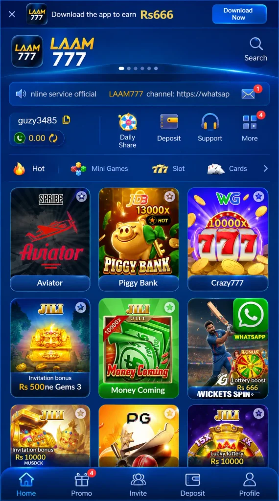 Mobile game lobby home screen with navigation, game categories, account options, promotions, deposit, support, invite, and profile functions.