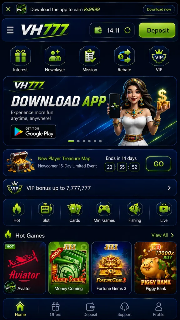 VH777 mobile app home screen with games and navigation.