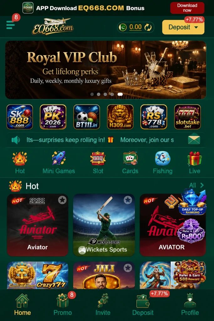 Mobile gaming home screen with game categories featured games promotions and navigation options.
