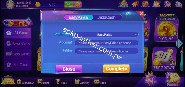Bet735 deposit screen showing EasyPaisa and JazzCash payment options for adding funds to the game account.