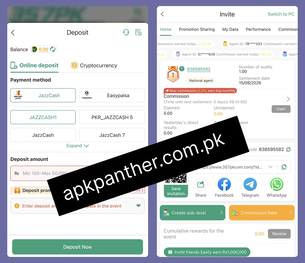 357PK game app screens showing deposit methods, payment options, agent commissions, referral data, and social sharing features.