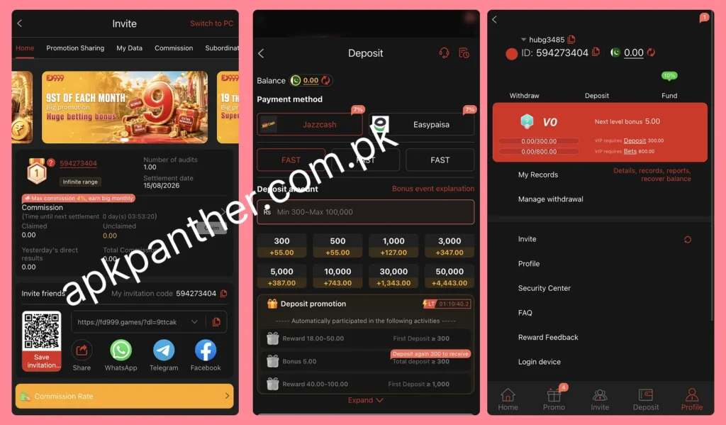 FD999 Game screens showing the Invite, Deposit, and Profile sections with commission details, payment methods, rewards, and account settings.