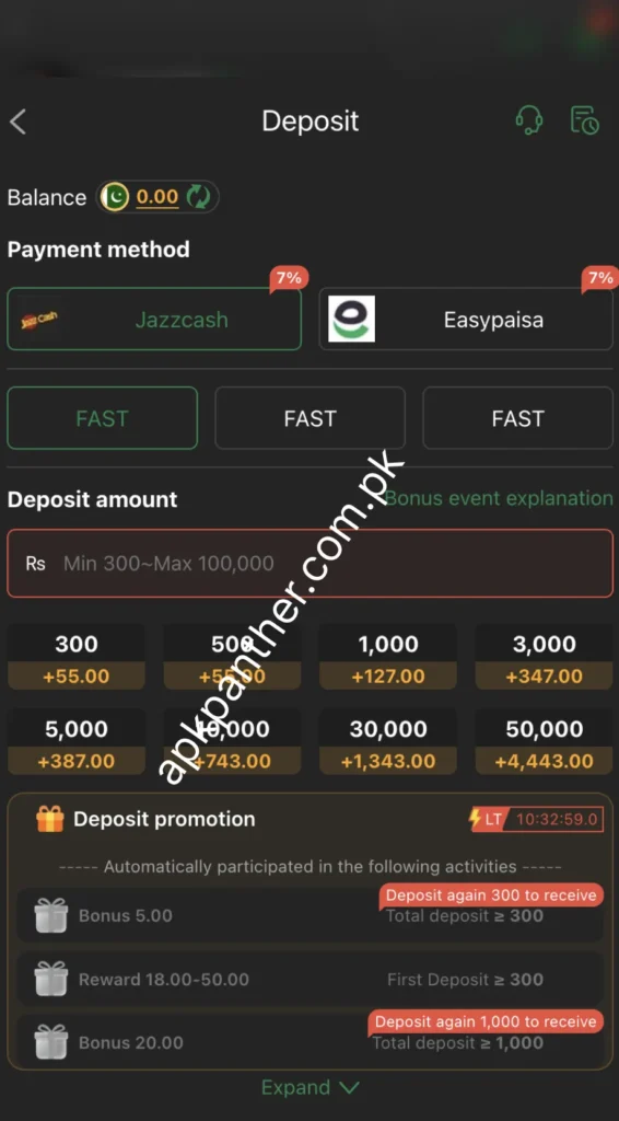 KC99 Game deposit screen showing payment methods, deposit amount options, and deposit bonuses.