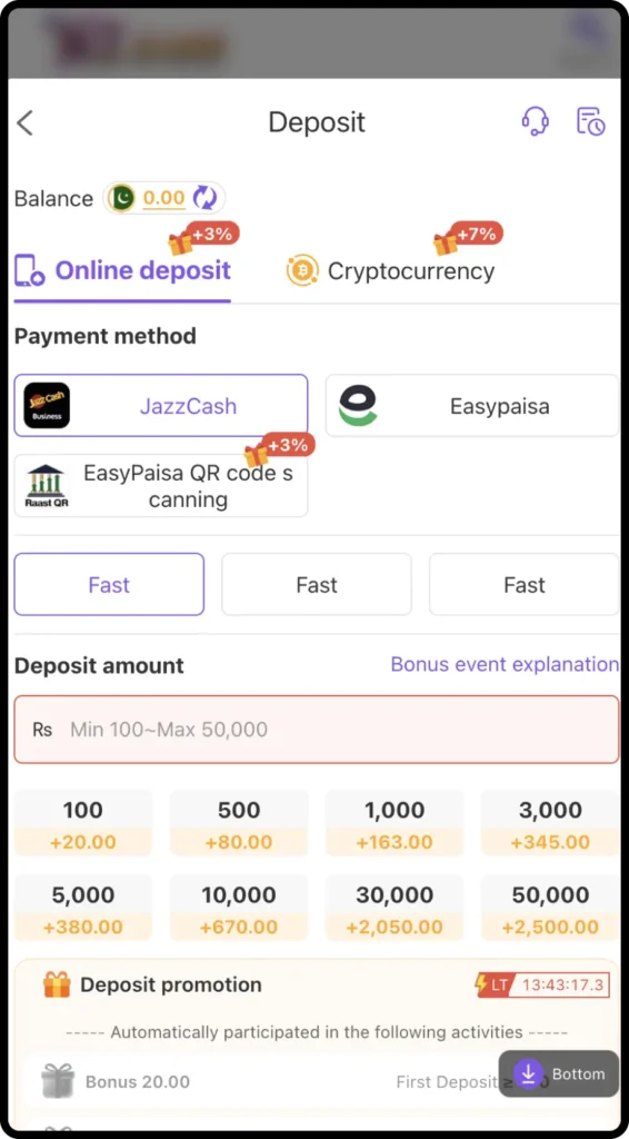 K2 Game deposit screen showing online deposit, JazzCash, Easypaisa, QR payment, deposit amounts, and bonus options.