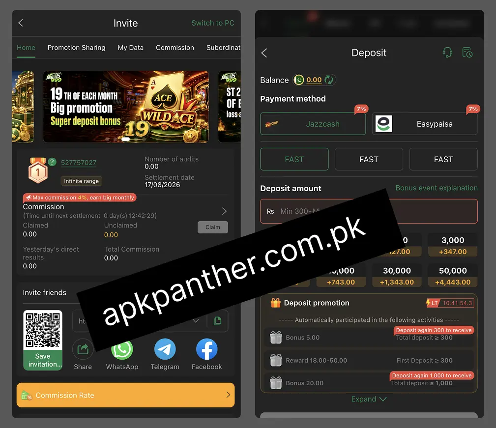 Jetto 999 app screens showing the invite and referral section alongside the deposit page with payment methods, deposit amount options, and promotional bonuses.