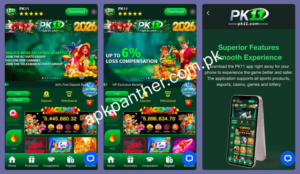 PK11 game app screens showing the home interface, promotions, jackpot games, account options, and app features.