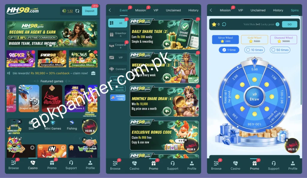 HH98 game app screens showing the home page, promotional rewards, featured games, and lucky wheel.