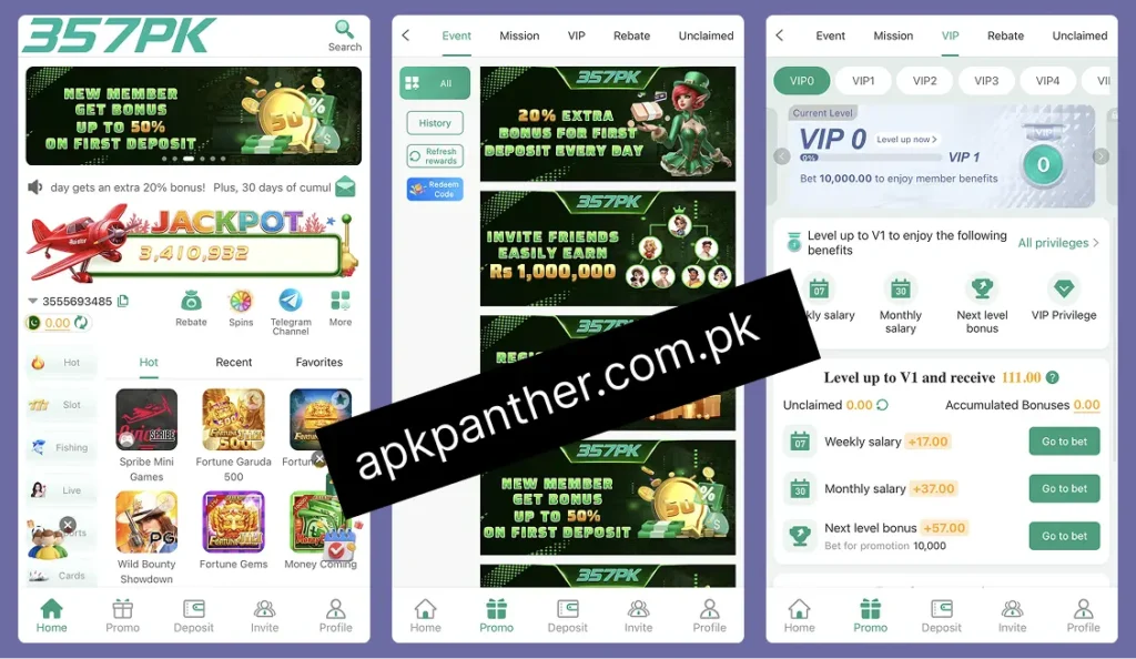 357PK game app screens showing the home page, promotions, deposit options, invite features, games, and VIP membership benefits.