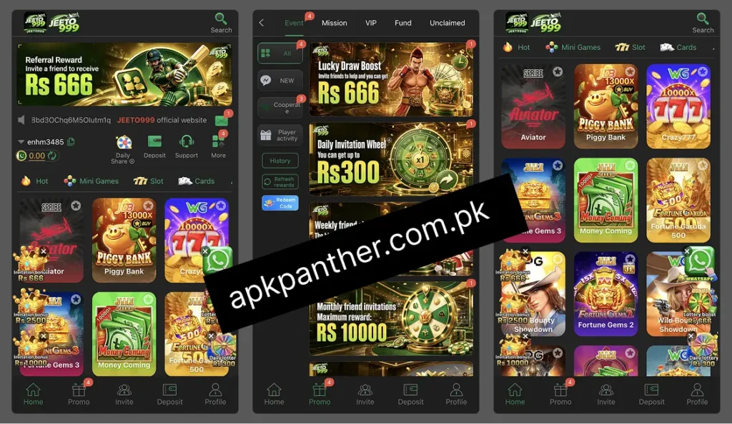 Jetto 999 mobile game app interface showing the home screen, promotional rewards, missions, referral offers, deposit section, and multiple game categories.