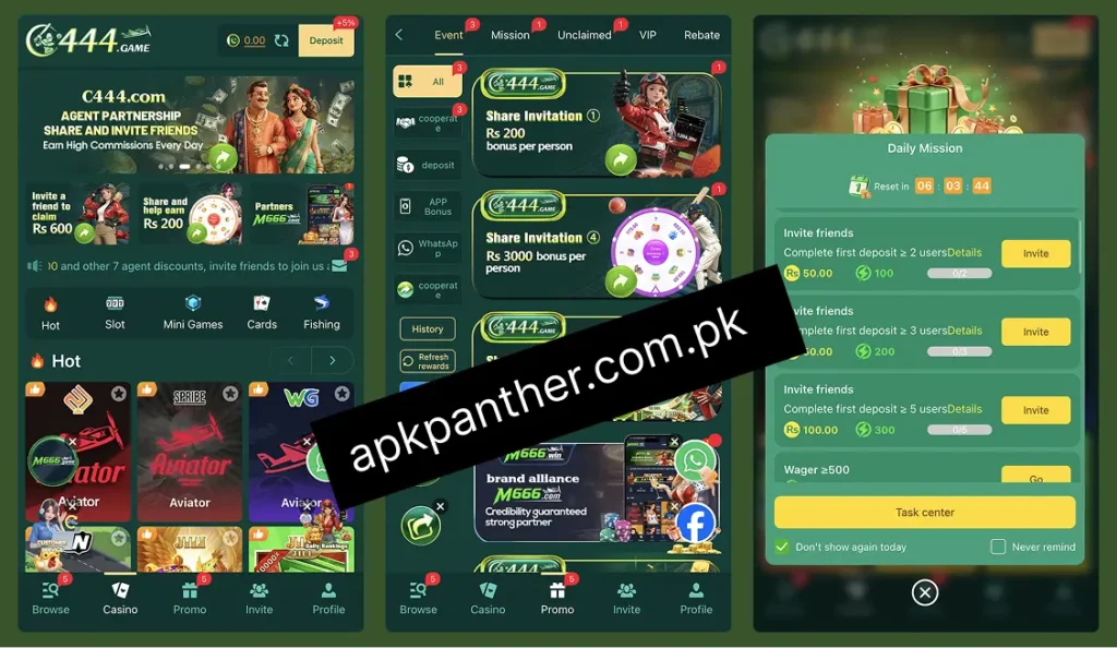 C444 Game app screens showing game categories, referral invitations, promotional rewards, and daily tasks