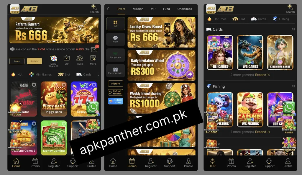 AJ03 Game interface showing the home screen, promotional rewards, card games, fishing games, and navigation menu.