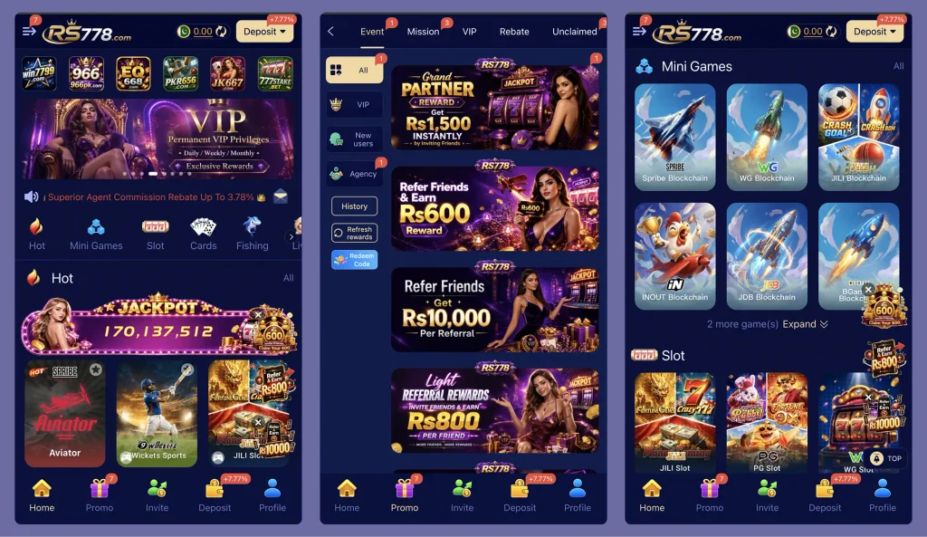 RS778 Game app interface showing hot games, mini games, slots, cards, fishing games, VIP rewards, referral promotions, and account features.