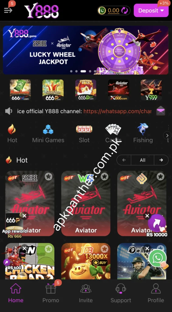Y888 app home screen displaying featured games, gaming categories, promotions, deposit options, and navigation tabs.