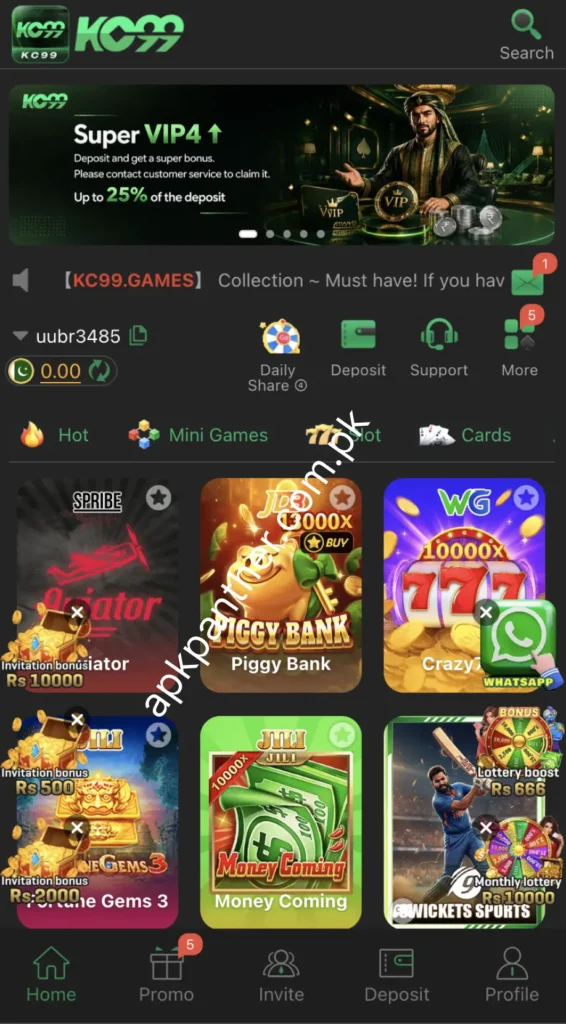 KC99 Game home screen showing VIP promotions, mini games, slot games, cards, deposit options, support, and navigation features.