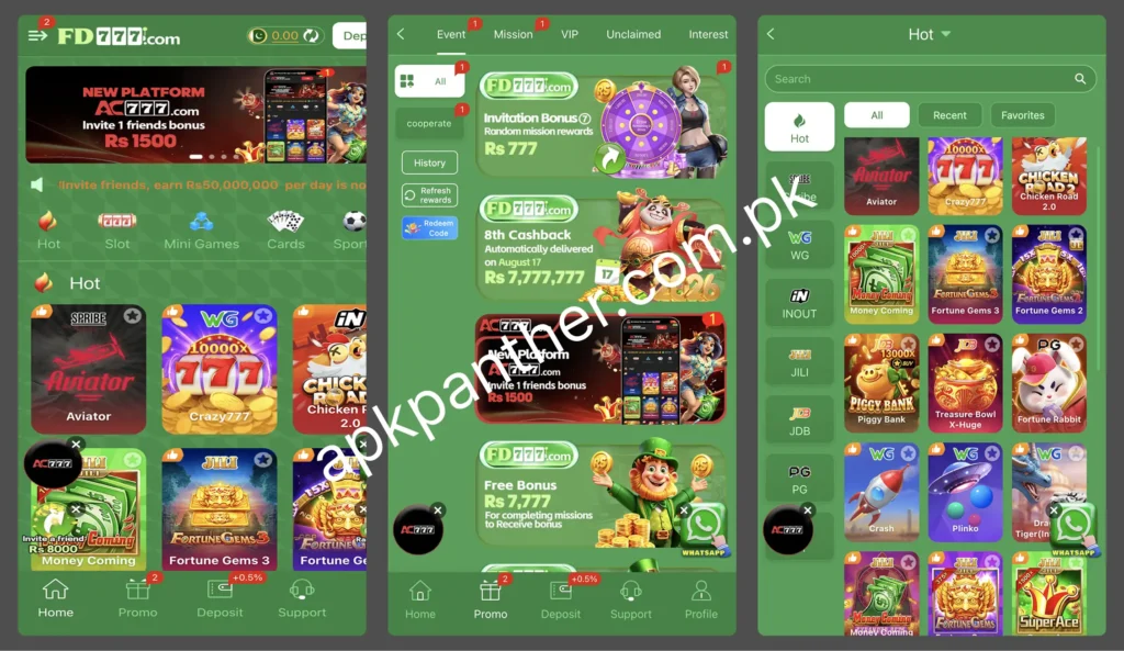 FD777 Game app screens showing game categories, promotions, hot games, slots, cards, and sports options