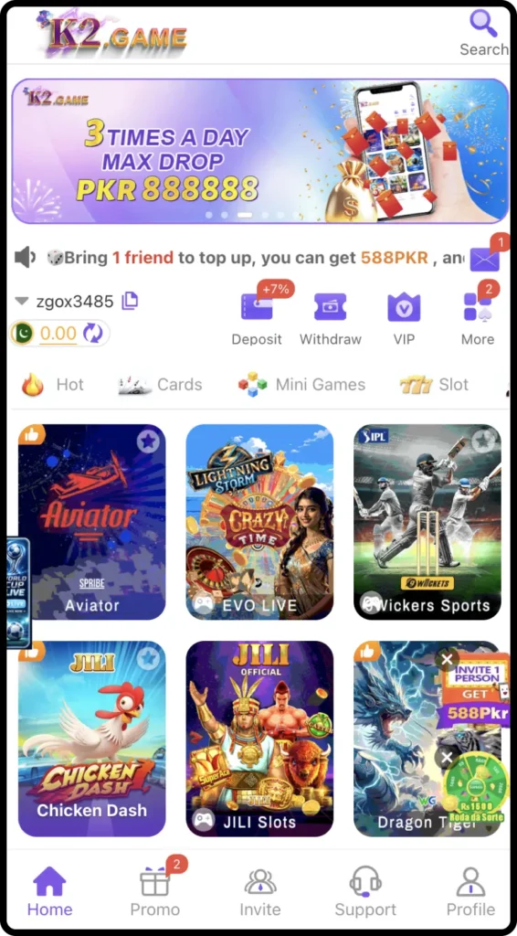 K2 Game home screen showing game categories, featured games, deposit, withdrawal, VIP, promotions, and support options