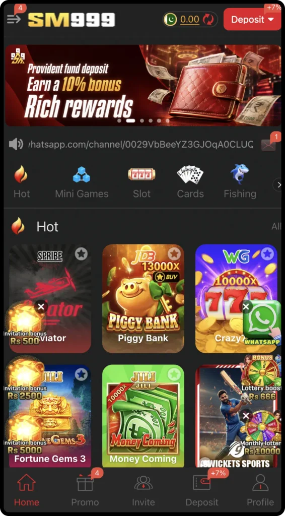 SM999 Game home screen showing casino-style games, slots, mini games, cards, fishing, deposit options, and promotional rewards.