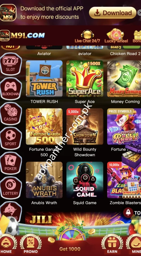 M91 game home screen showing slot games,