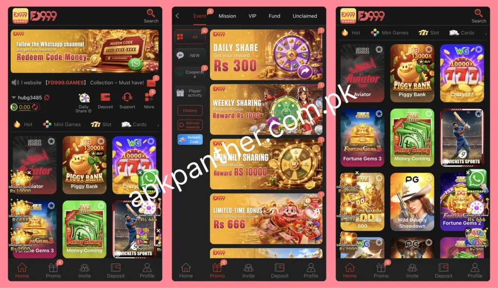 FD999 Game mobile app interface showing the home screen, promotional offers, and casino style games.