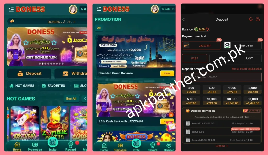 DONE55 Game home screen showing hot games, promotions, invite rewards, and deposit options
