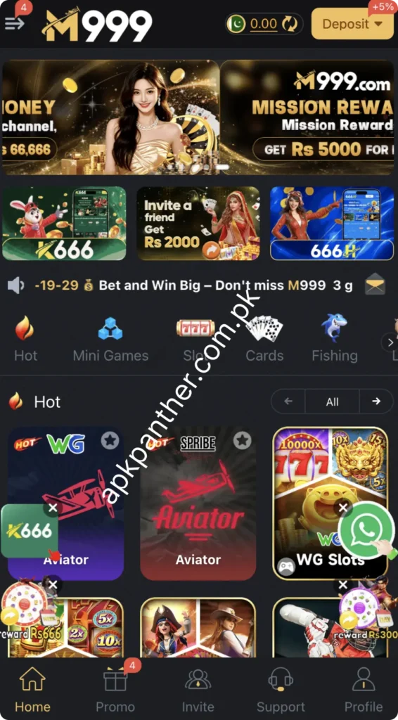 M999 Game home screen showing game categories, slots, cards, fishing, and mini games