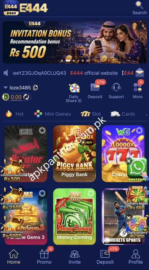 E444 Game home screen showing promotional bonuses, game categories, deposit options, daily rewards, and popular games.