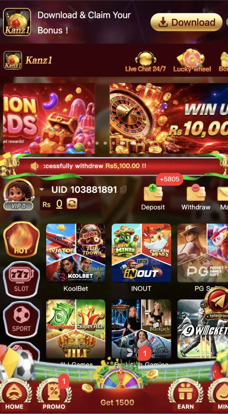 Kanz1 Game APK home screen showing casino games, slots, sports, Aviator, deposit and withdrawal options.