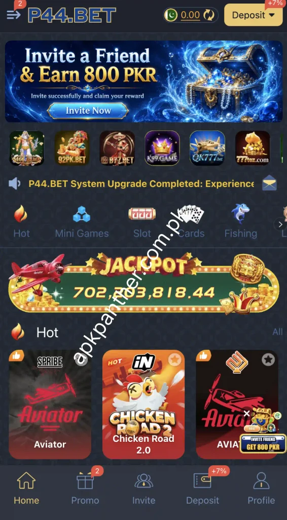 P44.BET Game home screen featuring friend invitation rewards, game categories, jackpot display, hot games, deposit access, and profile navigation.