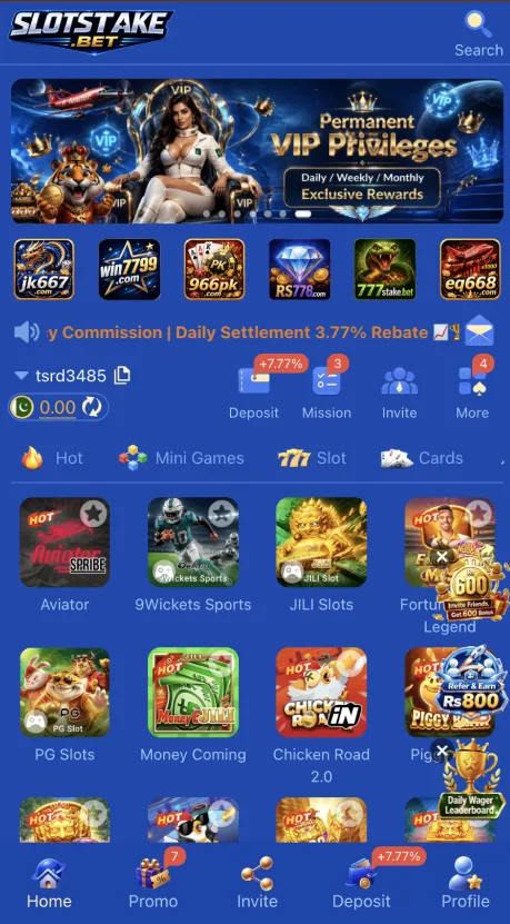 SlotsTake Bet Game APK home screen showing slots, mini games, cards, Aviator, sports games, promotions, and deposit options.