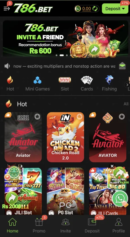 786.BET Game APK home screen showing slots, mini games, cards, fishing, Aviator, Chicken Road, and other games.