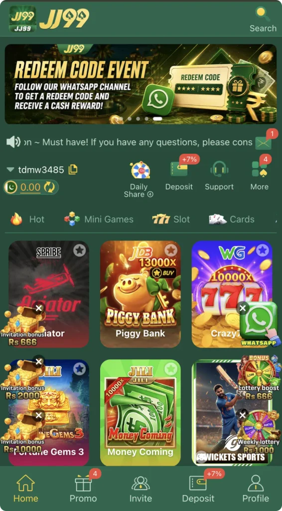 JJ99 Game home screen featuring redeem codes, daily rewards, deposit options, mini games, slots, cards, and sports games.
