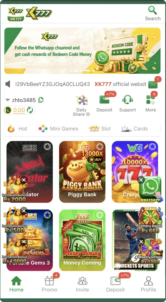 XK777 game home screen showing game categories, promotional banner, featured games, and navigation options.