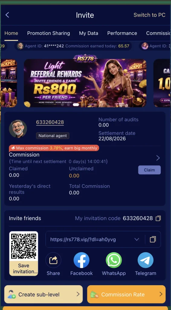 RS778 Game invite screen showing referral rewards, commission tracking, invitation code, QR code, and social sharing options.