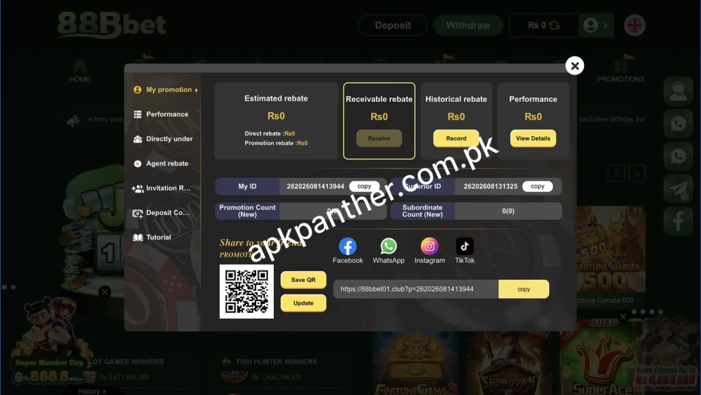 88Bbet invitation screen showing referral details, promotion rebate information, sharing options, and QR code.