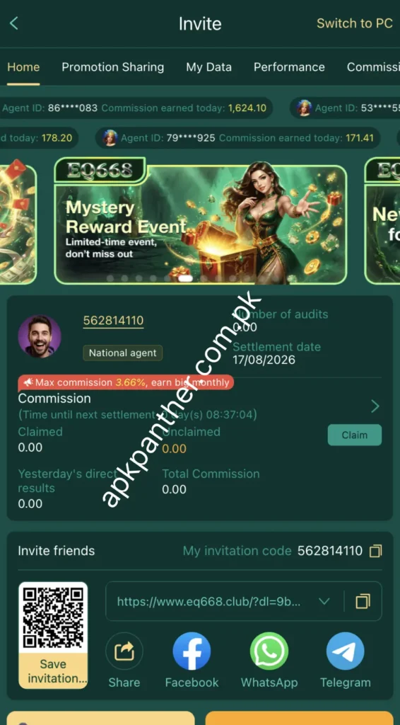 EQ668 Game invite screen showing referral code, commission details, QR code, and sharing options
