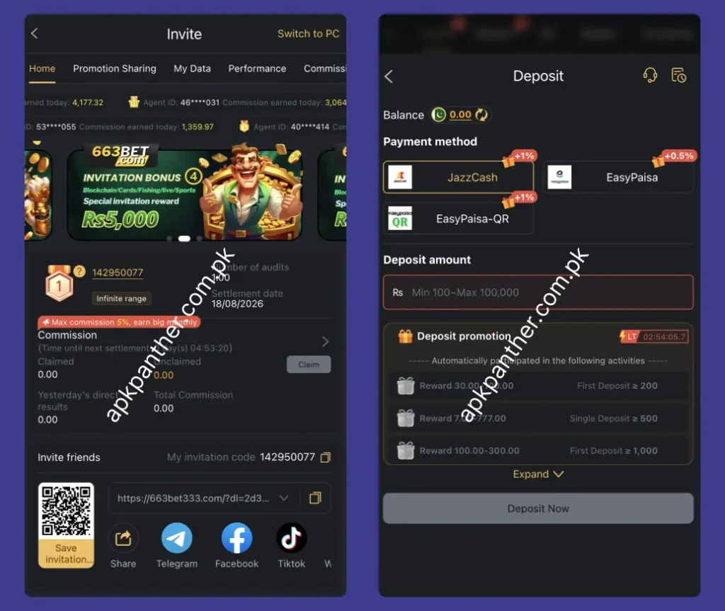 663 Bet invite and deposit screens showing referral commission, invitation code, payment methods, and deposit options