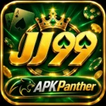 JJ99 Game logo featuring a gold crown, spade symbols, playing cards, casino chips, and APKPanther branding.