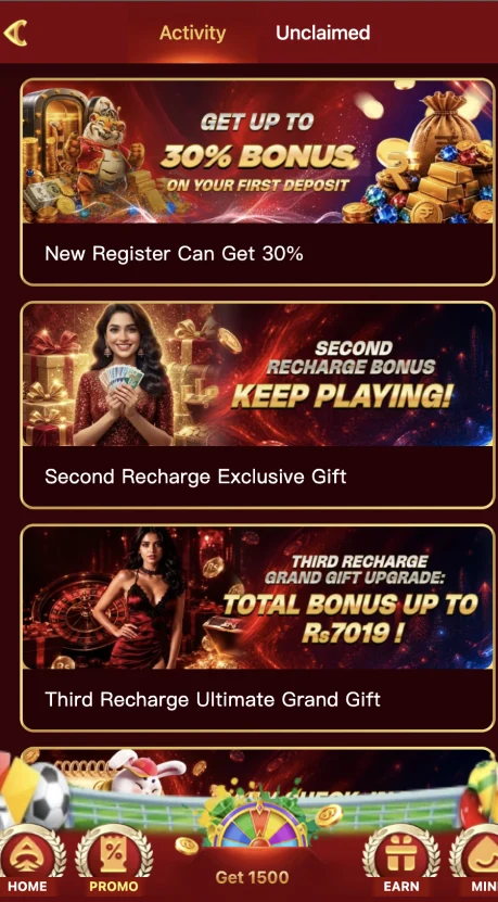 Kanz1 Game APK promotion screen showing first deposit, second recharge, and third recharge bonus offers.