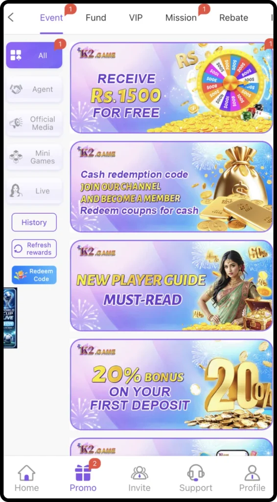 K2 Game promotion screen showing events, rewards, missions, VIP, rebate, and redeem code options