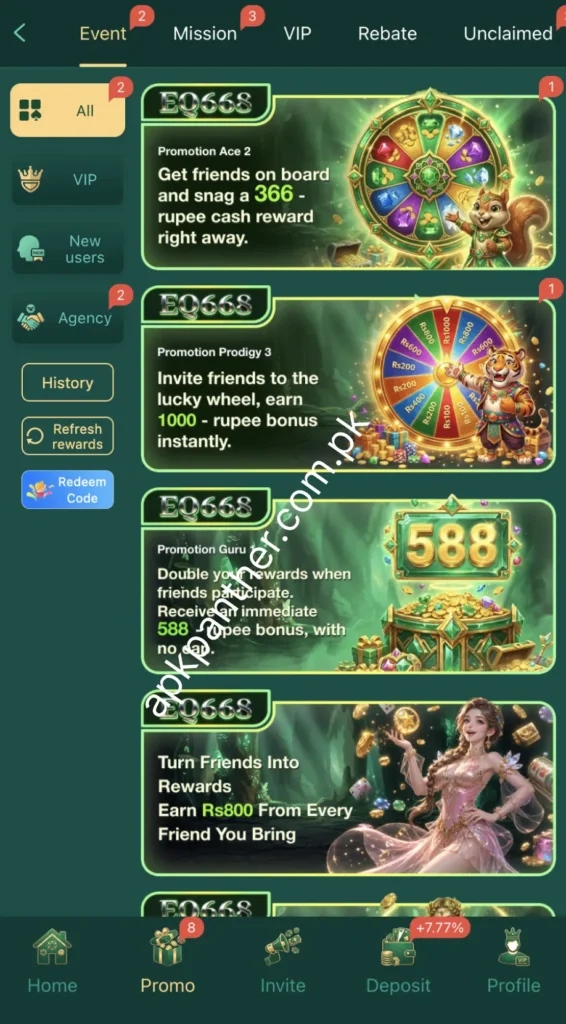 EQ668 Game promotions screen showing events, missions, VIP, rebates, and rewards