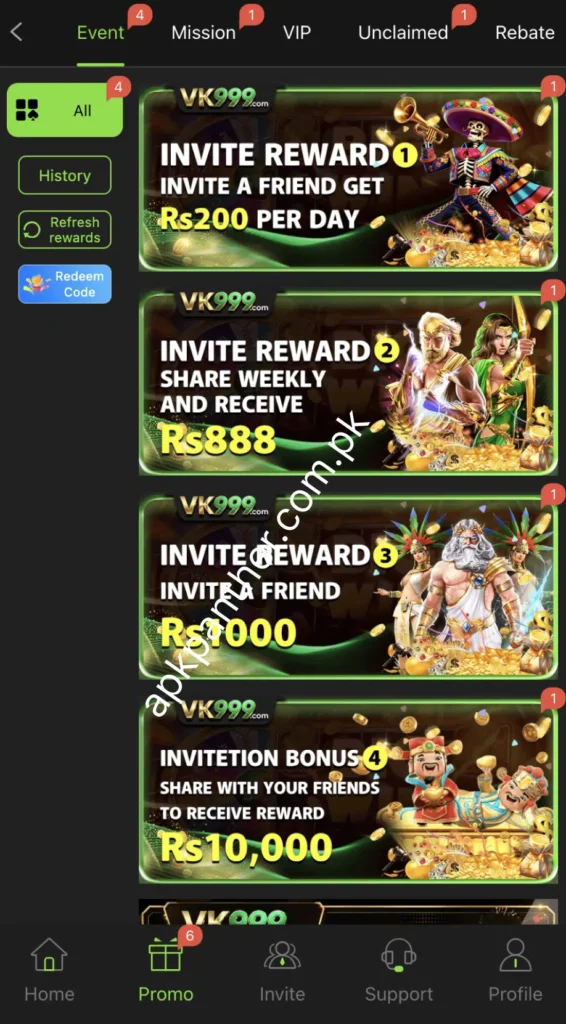 VK999 Game rewards screen showing event, mission, VIP, and rebate options