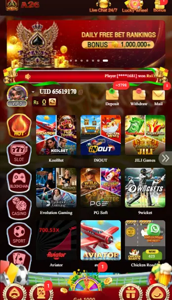  A26 gaming app home screen with casino games, sports betting, promotions, and navigation menus.
