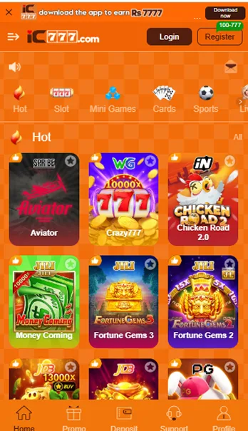 IC777.com mobile app home screen showing game categories and colorful casino game cards.