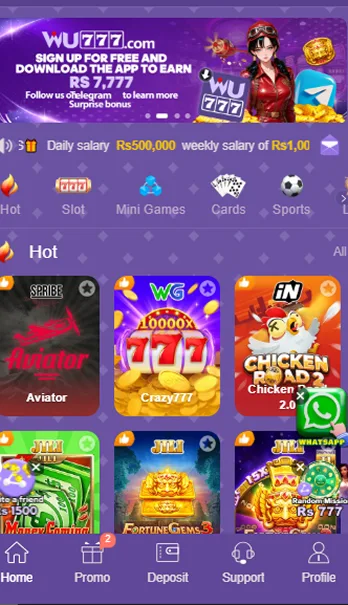 WU777 gaming app home screen with casino games and promotions.