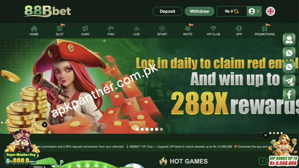 88Bbet game homepage showing navigation, game categories, account options, promotions, and rewards.