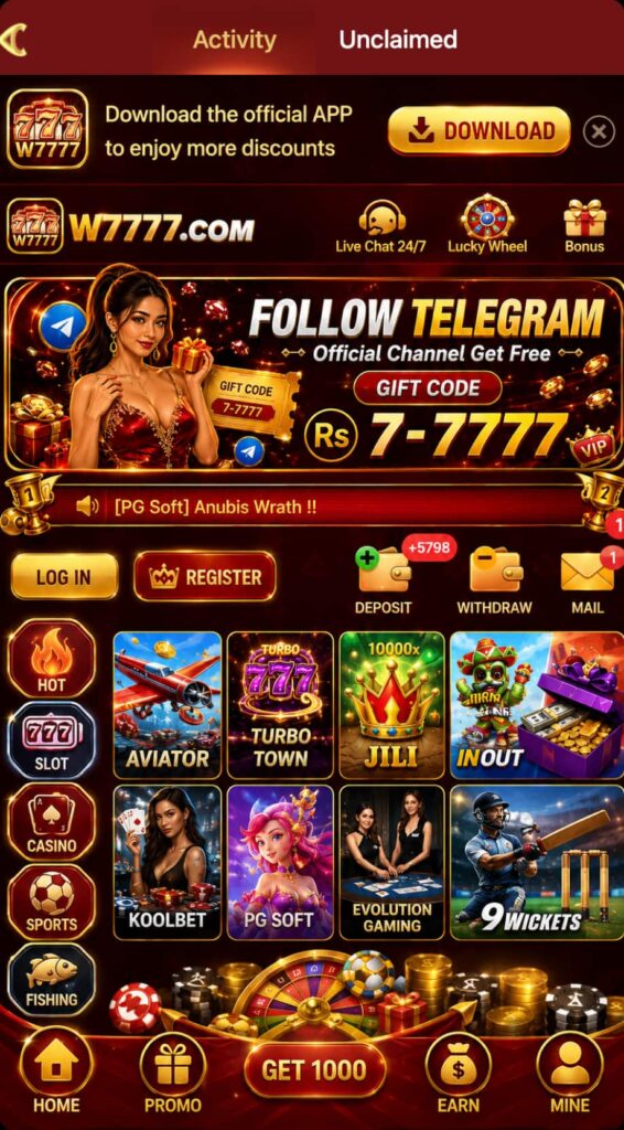 W7777 Game home screen showing slots, casino, sports, fishing, and featured games