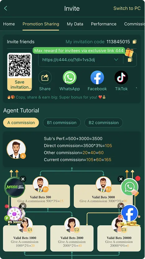 C444 Game invite screen showing invitation code, QR code, sharing options, and commission tutorial